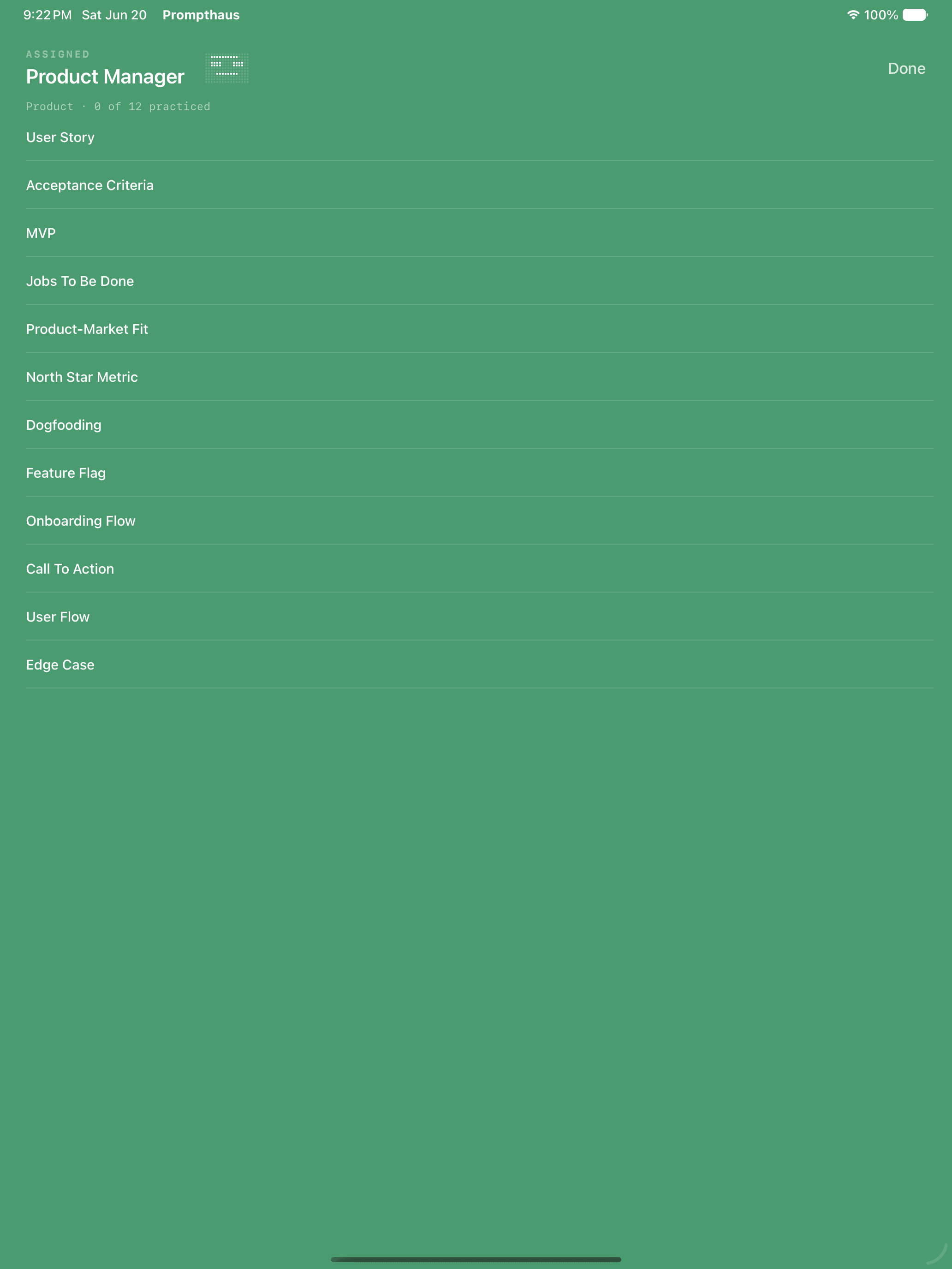 Prompthaus assigned Product Manager vocabulary list on iPad