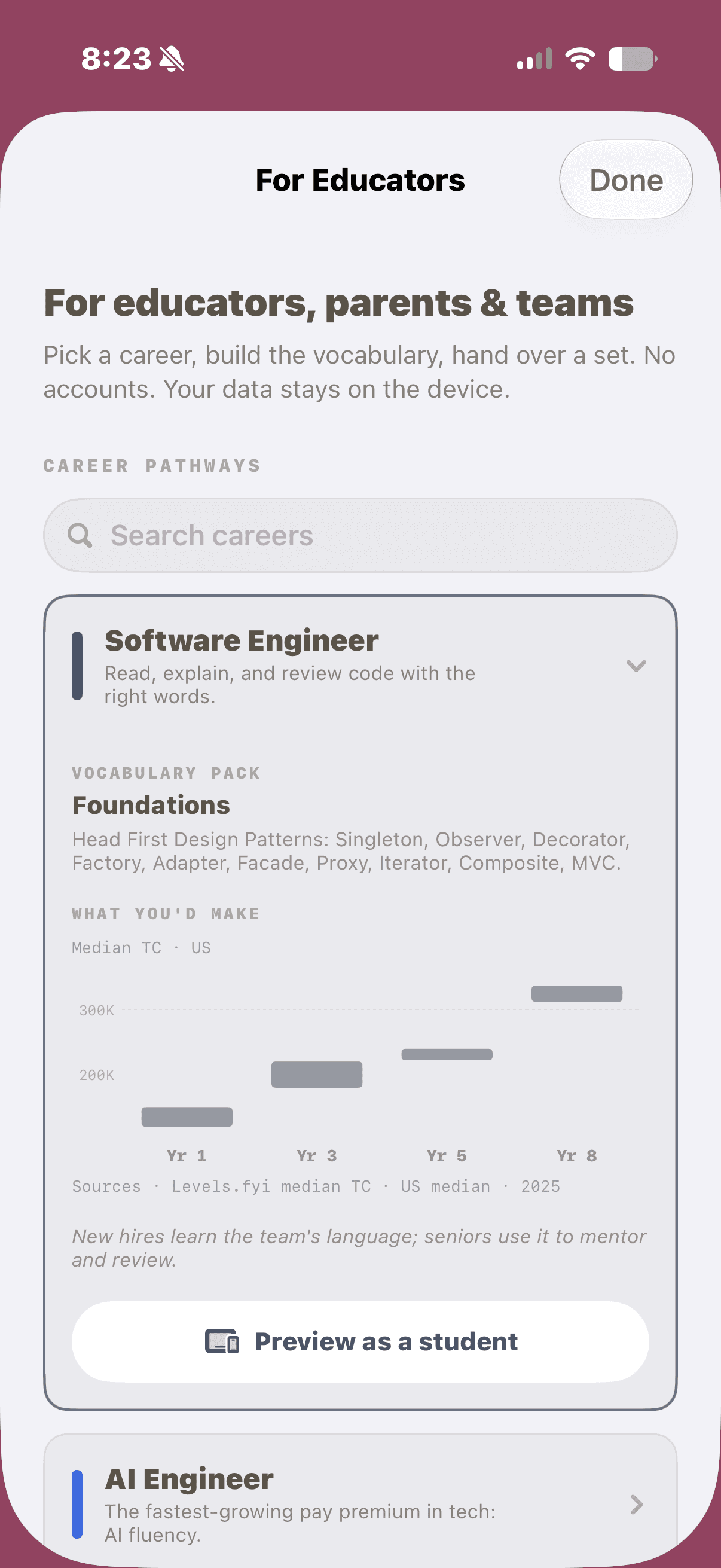 Prompthaus career pathways on iPhone