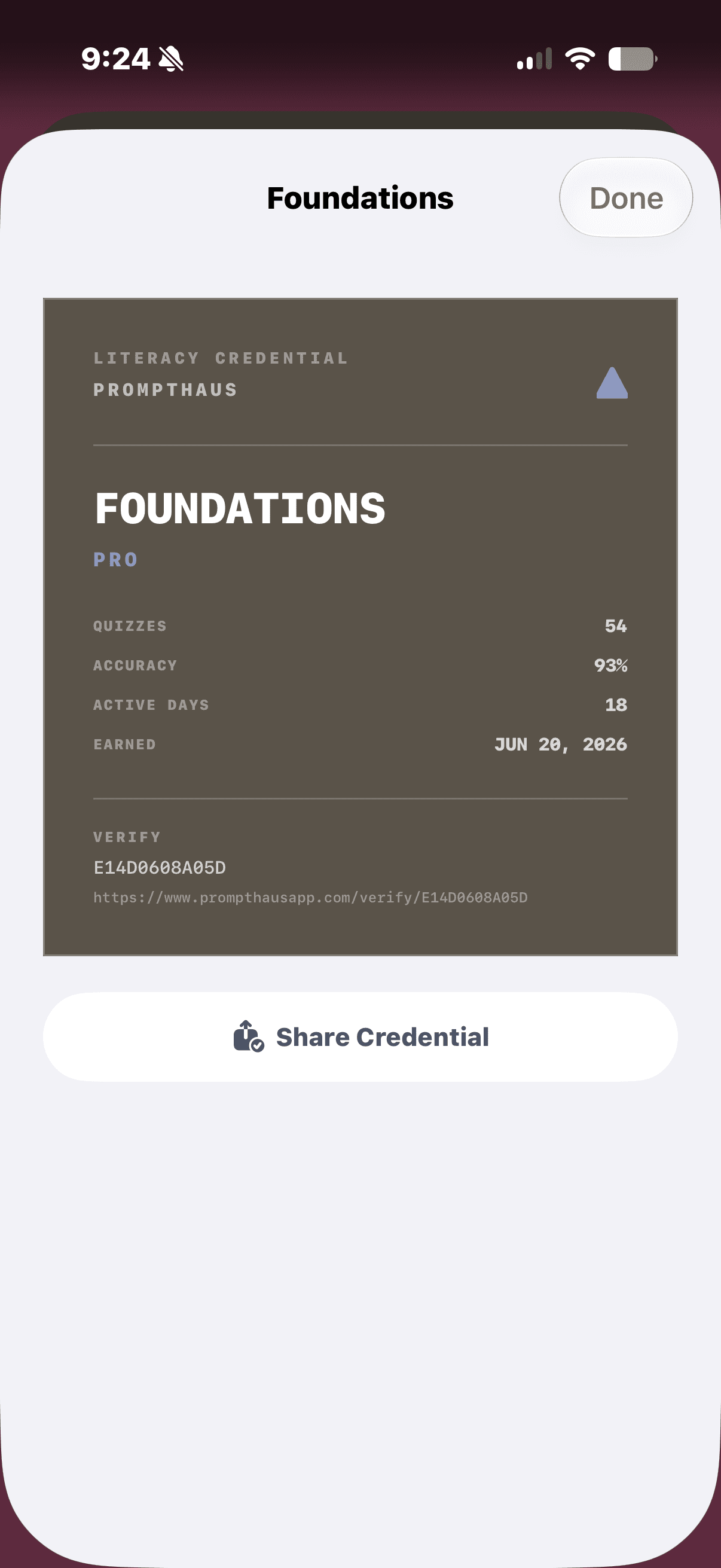 Prompthaus verifiable Foundations literacy credential on iPhone