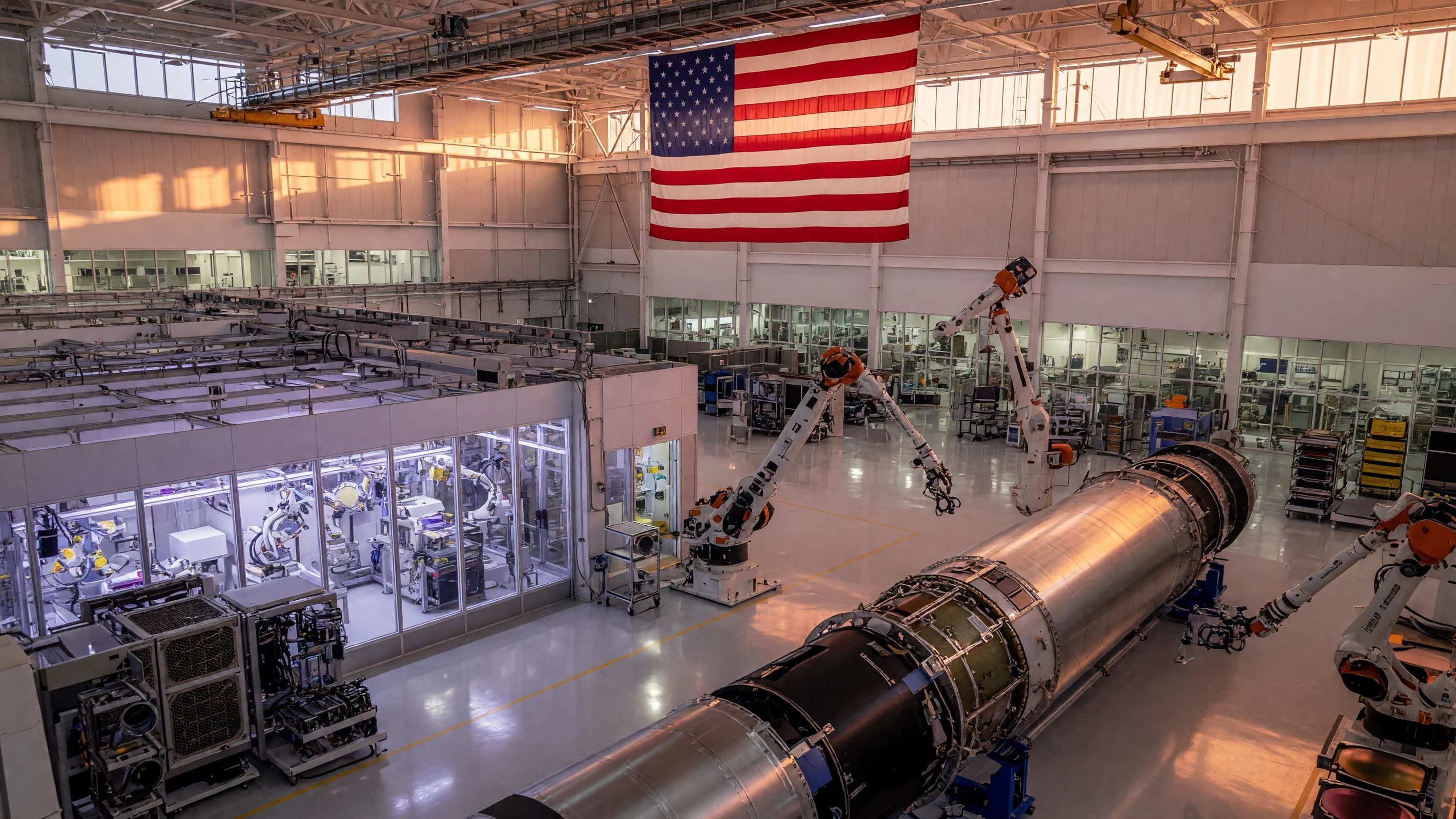 United States flag above semiconductor fabrication, rocket assembly, and robotics in an advanced American manufacturing facility
