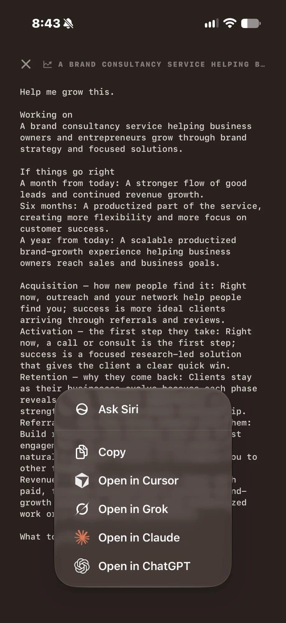 A growth plan written in PromptHaus with a share menu offering Open in Cursor, Grok, Claude, and ChatGPT.