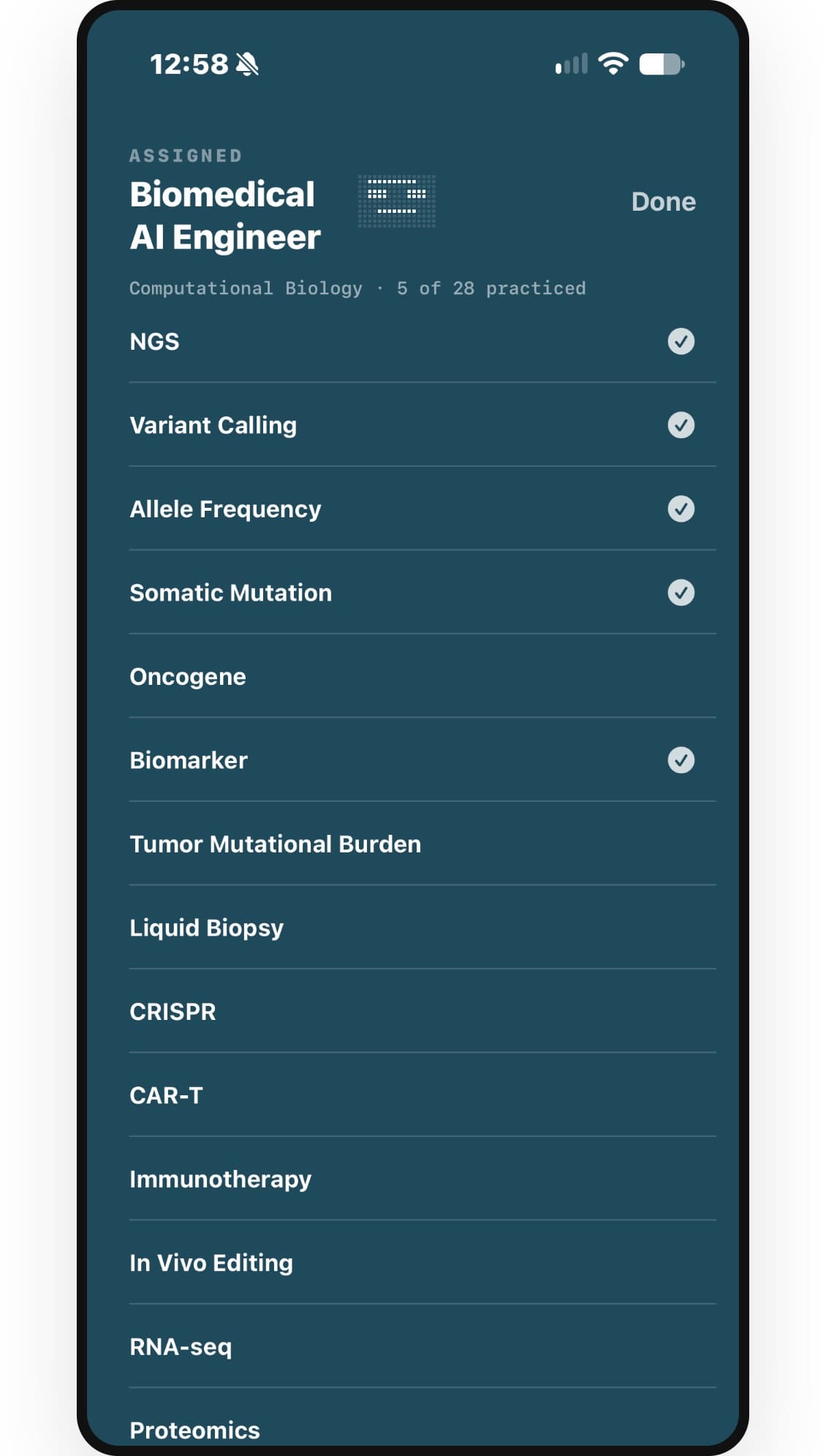 Assigned Biomedical AI Engineer pathway on iPhone, with practiced terms checked from NGS through Biomarker.