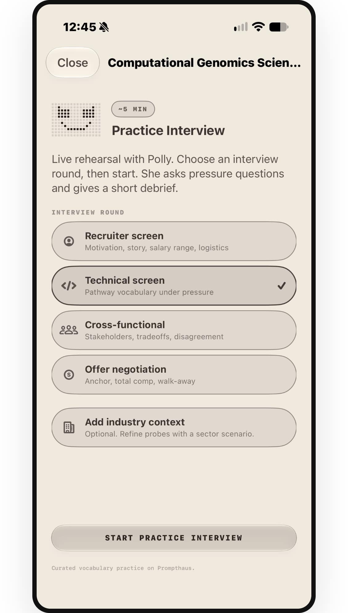 Prompthaus practice interview on iPhone, choosing a technical screen round with Polly.