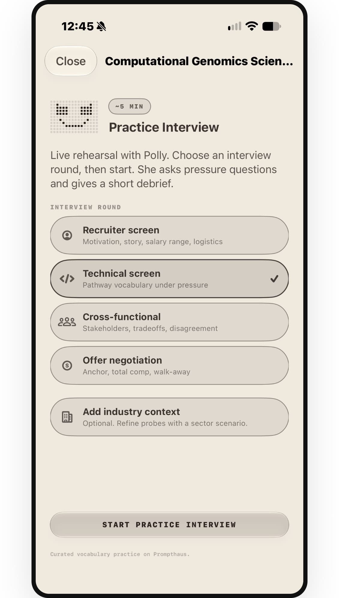 Career practice interview on iPhone, with interview round options for a Computational Genomics Scientist pathway.