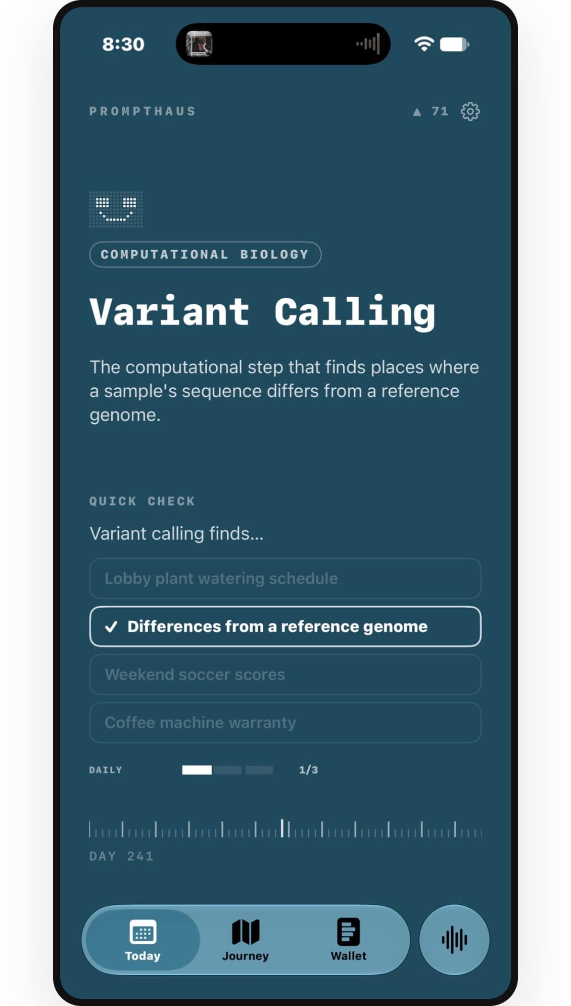 Prompthaus quick check on iPhone, a Variant Calling question in Computational Biology with the correct answer selected.