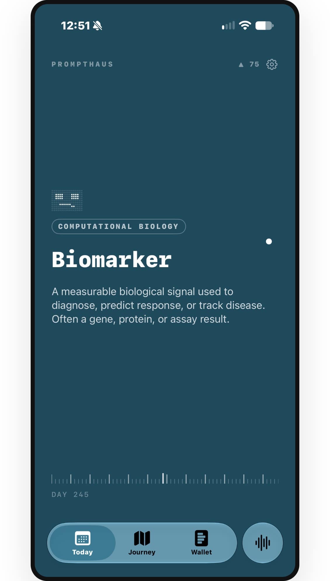 Prompthaus Today on iPhone, showing the term Biomarker in Computational Biology.