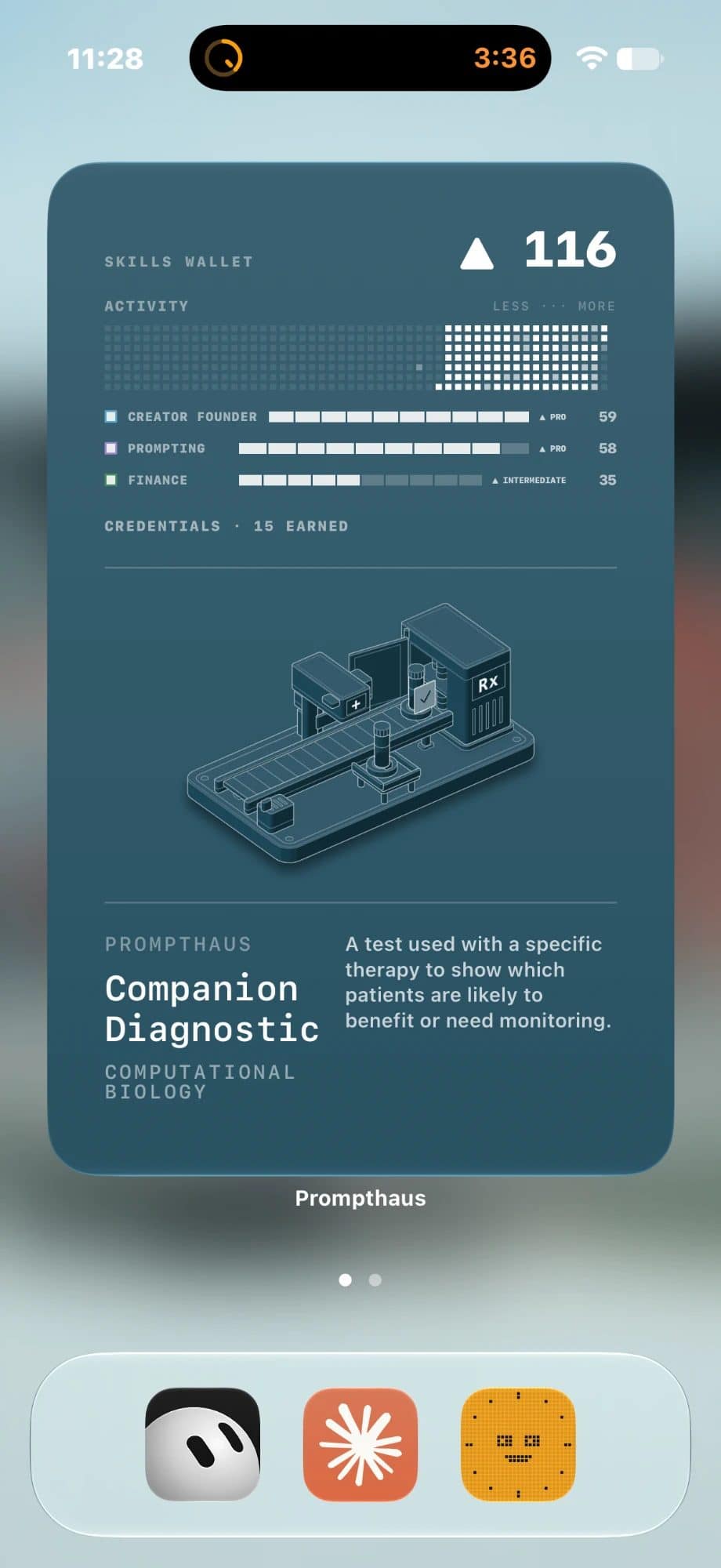 The Prompthaus home screen widget on iPhone, showing a Skills Wallet score of 116, topic levels, and today's term Companion Diagnostic with its illustration.