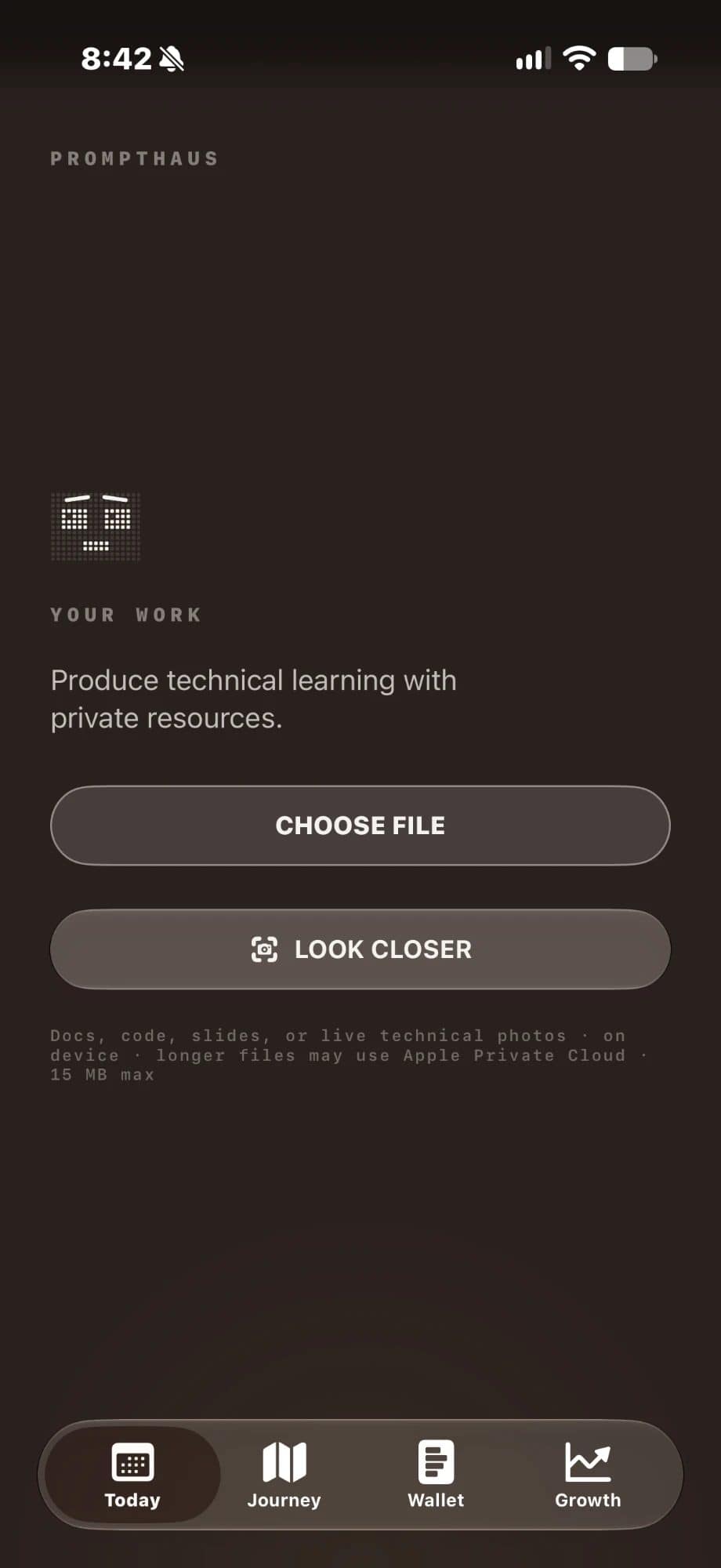 PromptHaus Your Work on iPhone in night dial, with Choose File and Look Closer buttons.