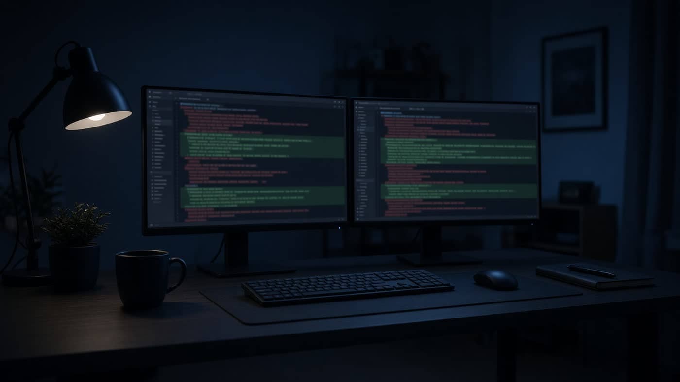 A night review desk with dual monitors side by side.