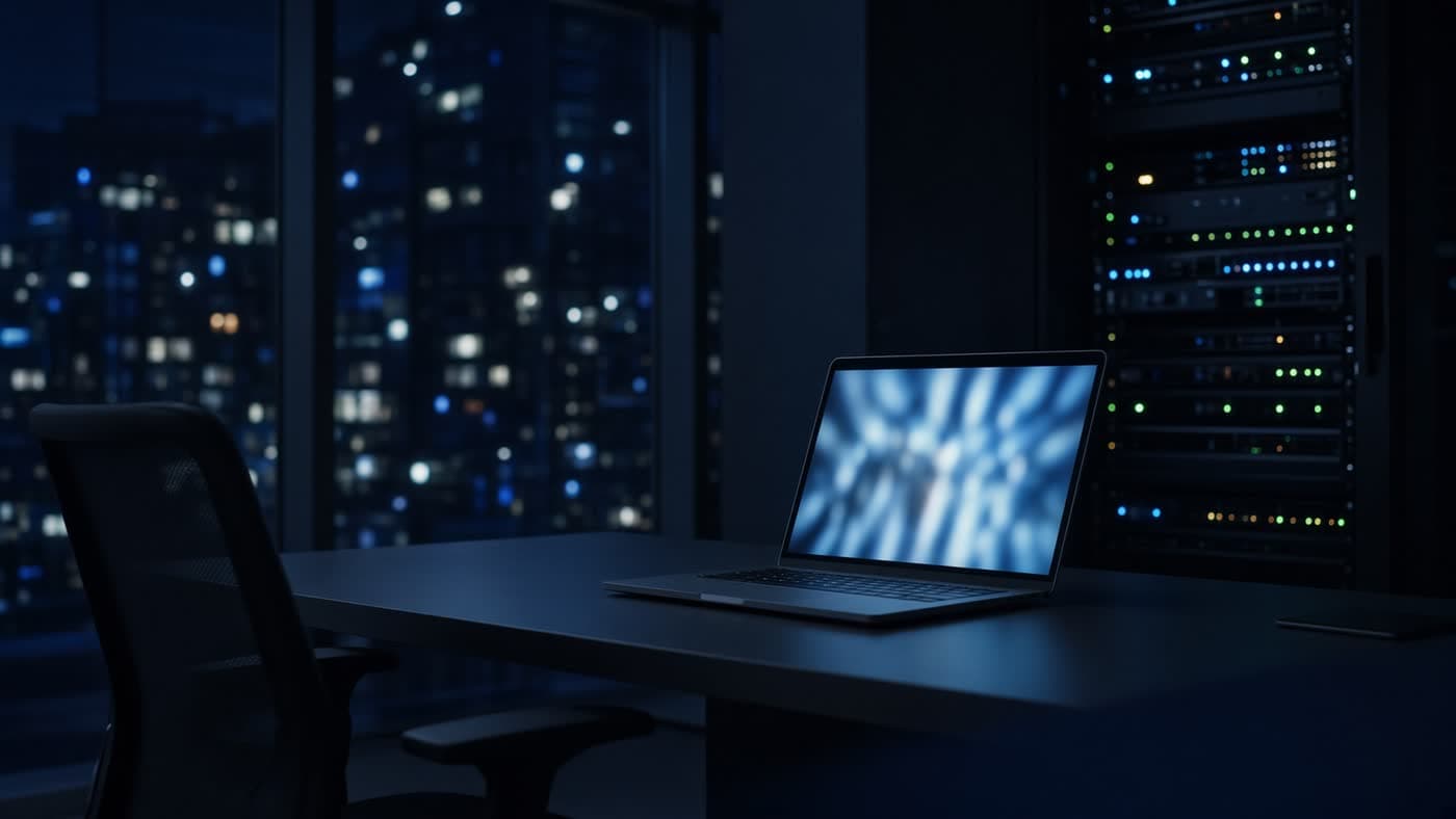 A dark AI workstation with a quiet rack of status lights.