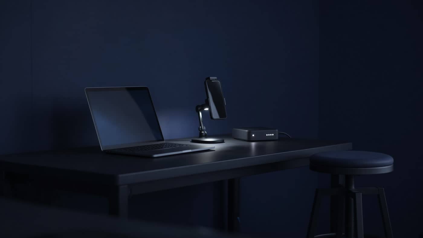A night QA bench with a laptop and a phone on a stand.