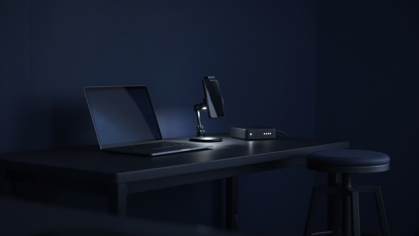 A night QA bench with a laptop and a phone on a stand.