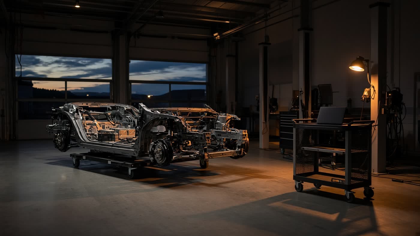 A dusk EV garage with a chassis and a diagnostic cart.