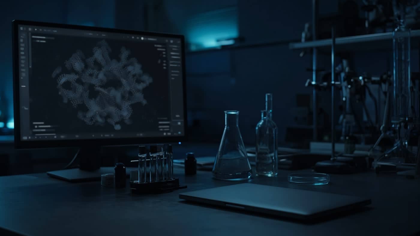 A night biomedical lab with a dim molecular model on a monitor.