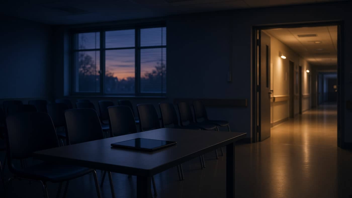 A dusk hospital training room with empty chairs and a tablet.