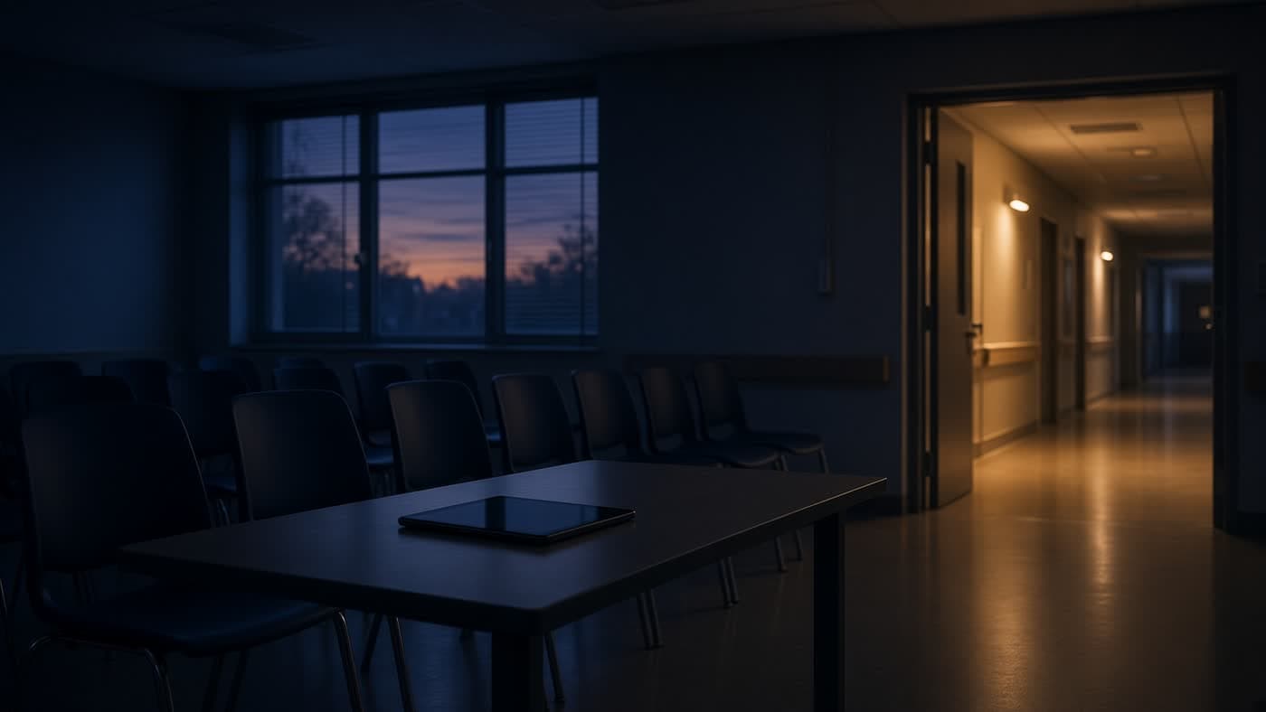 A dusk hospital training room with empty chairs and a tablet.
