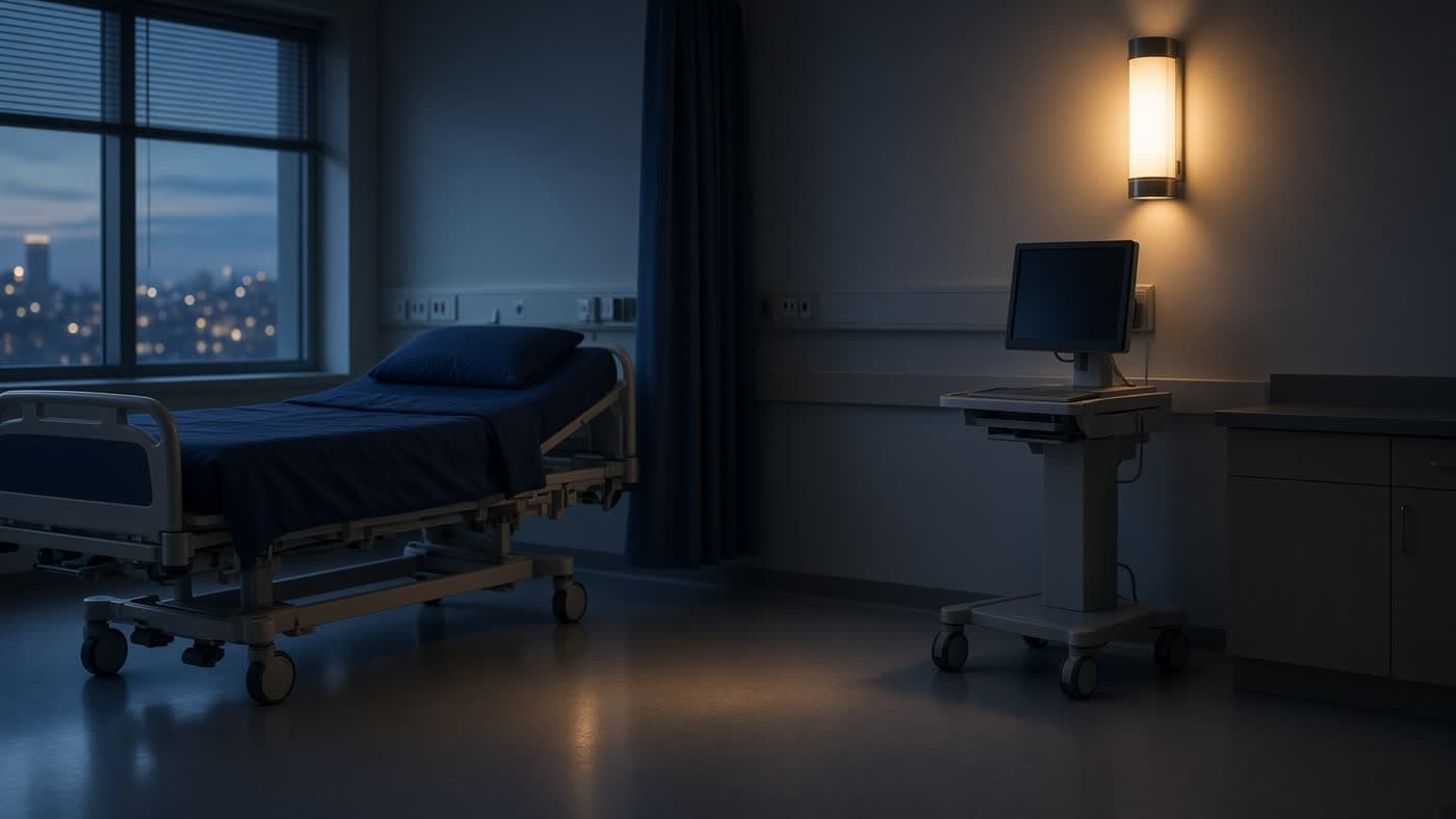 A dusk hospital exam room with an EHR cart.