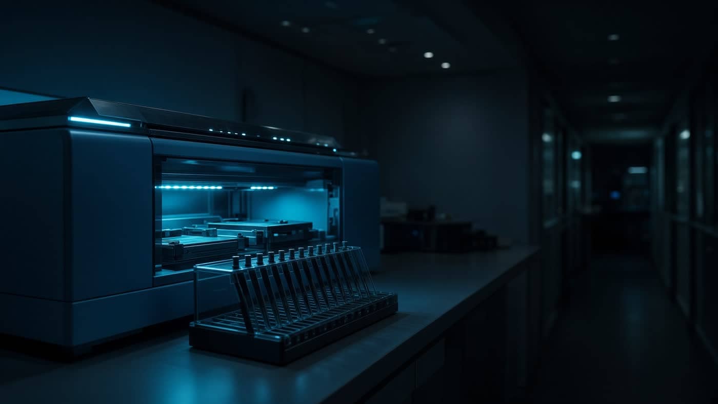 A night genomics bench with a sequencer and pipette tray.