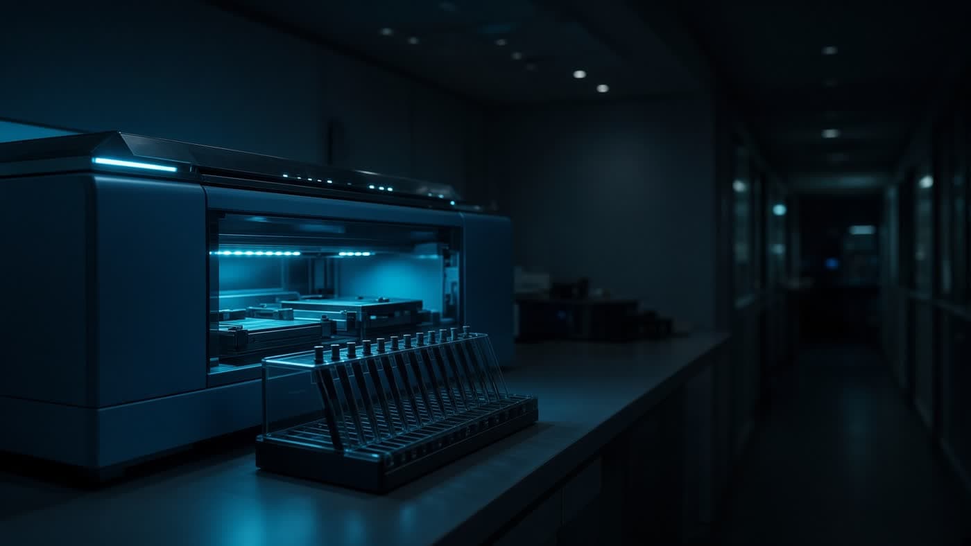 A night genomics bench with a sequencer and pipette tray.