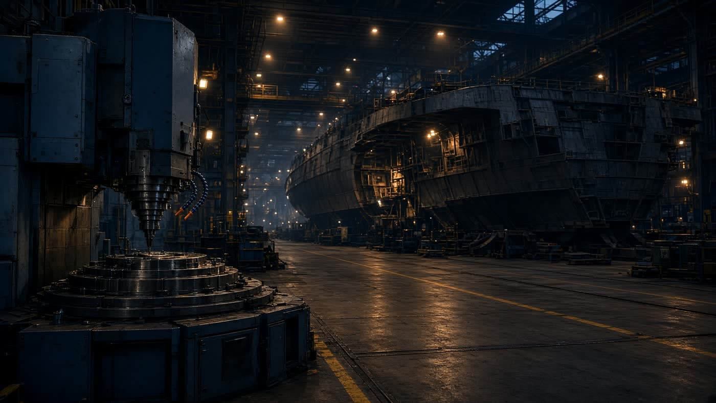 A dusk factory bay with a CNC mill and steel assembly.