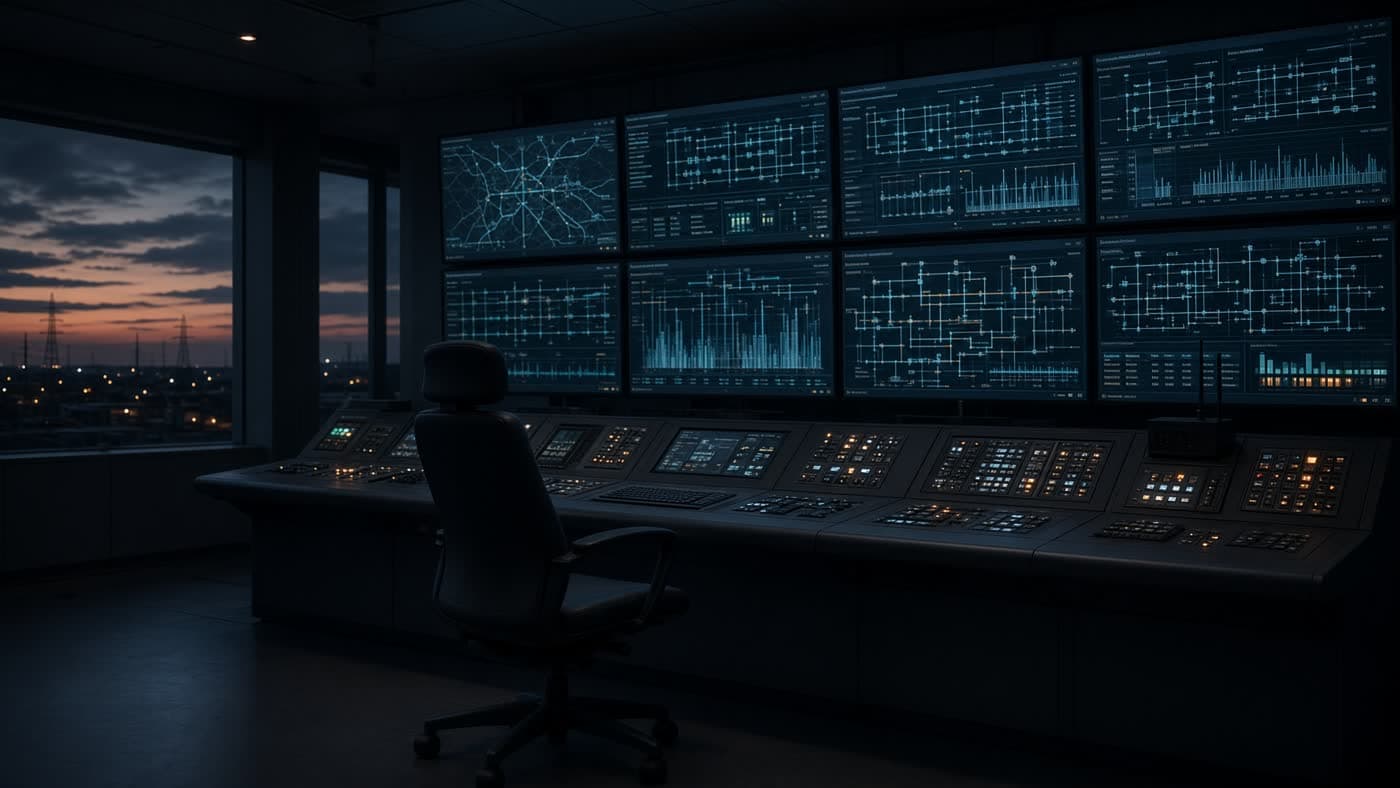 A dusk energy control room with a wall of monitors.