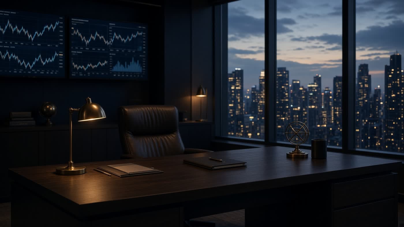 A dusk finance office with a dark wood desk and city window.