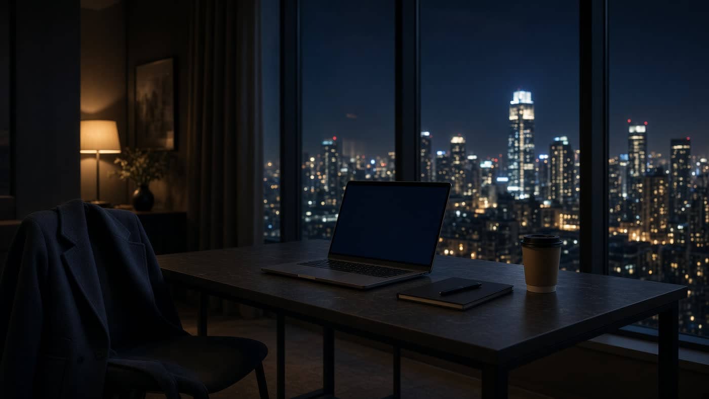 A night client war room with a laptop and a city skyline.