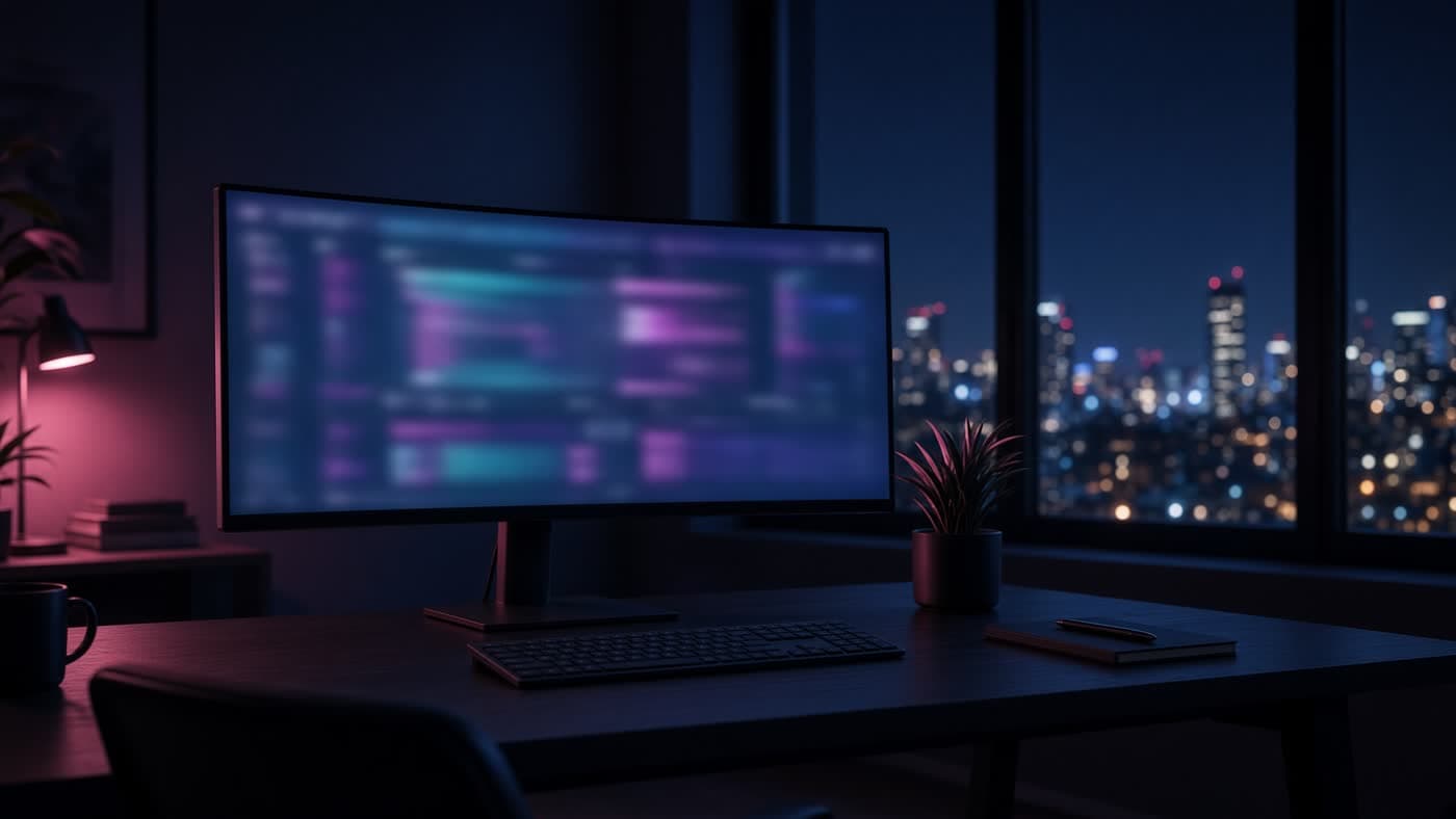 A night frontend studio with an ultrawide monitor and a plant.