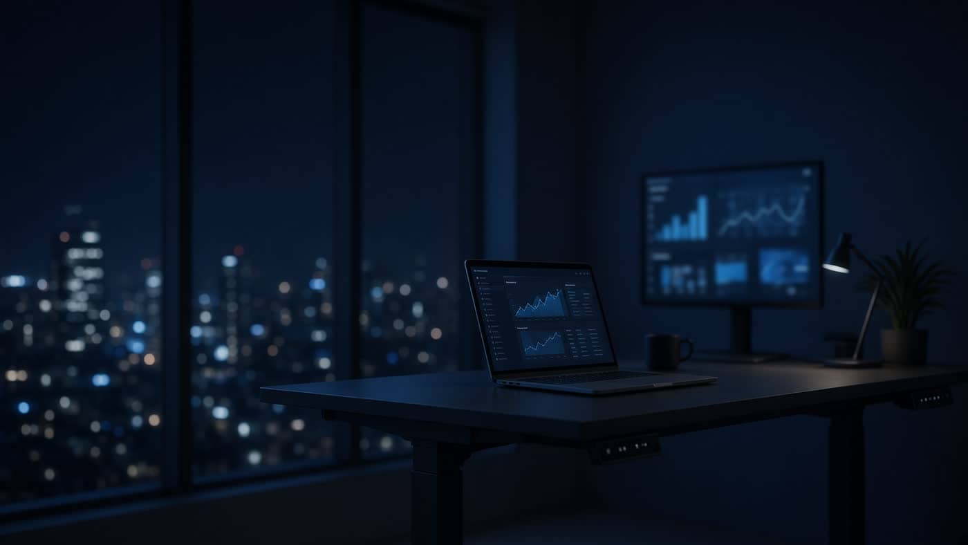 A night standing desk with a laptop and a second monitor.