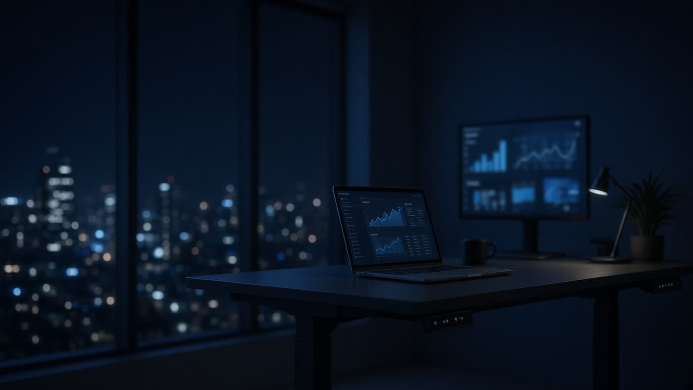 A night standing desk with a laptop and a second monitor.