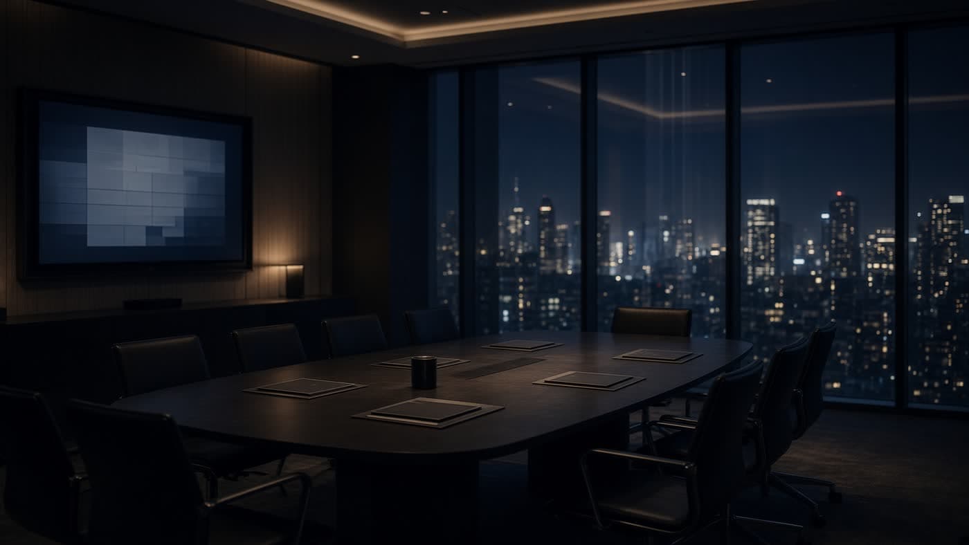 A night strategy room with face-down decks and empty chairs.