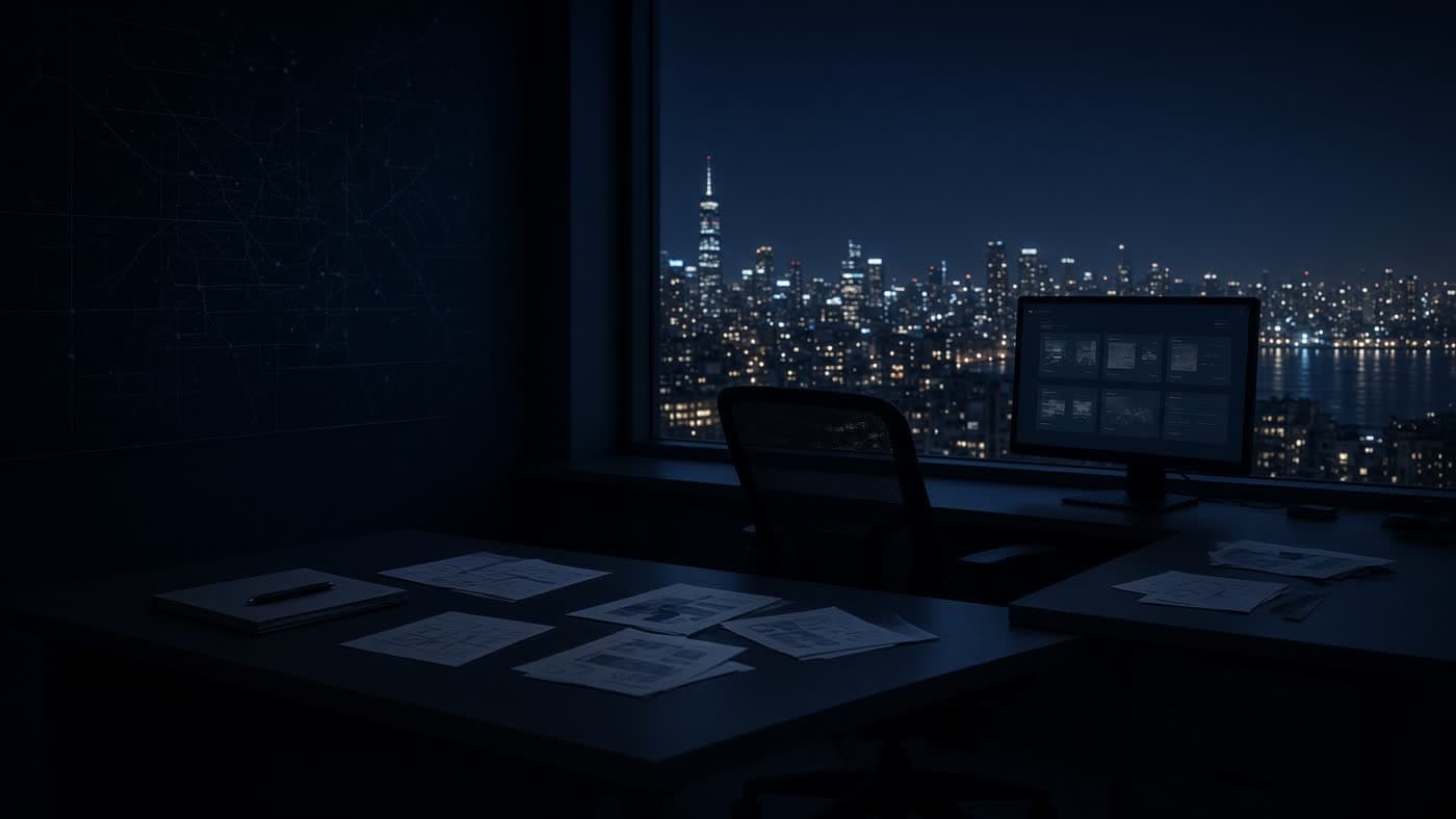 A night markets desk with sparse papers and a city skyline.