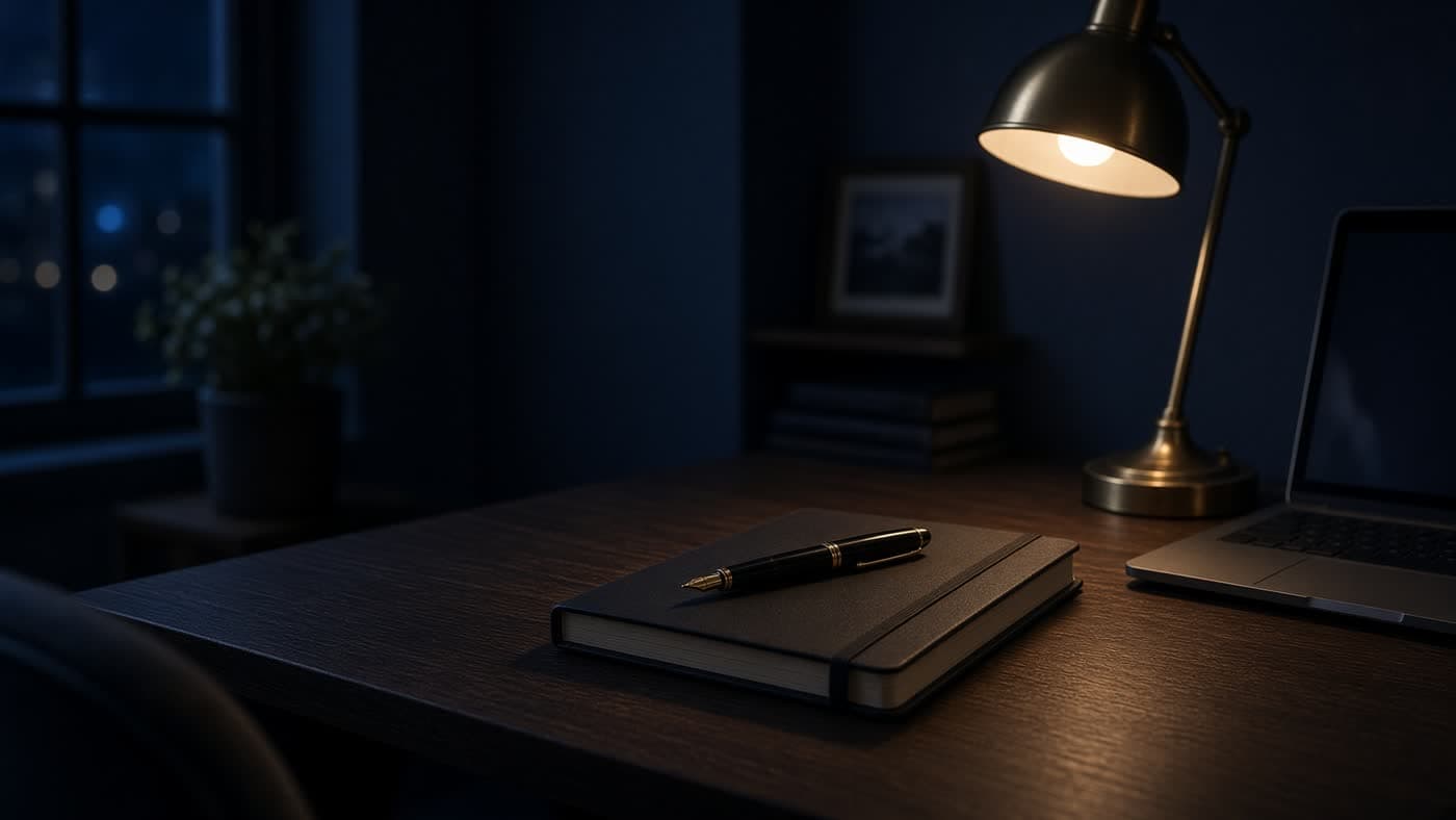 A quiet writing desk with a notebook and a brass lamp.