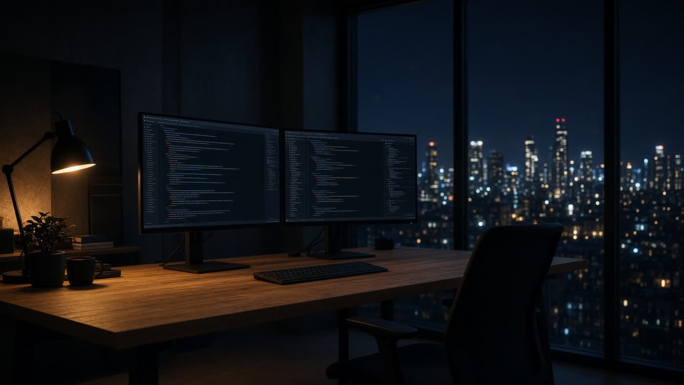A night software desk with two monitors and city glass.