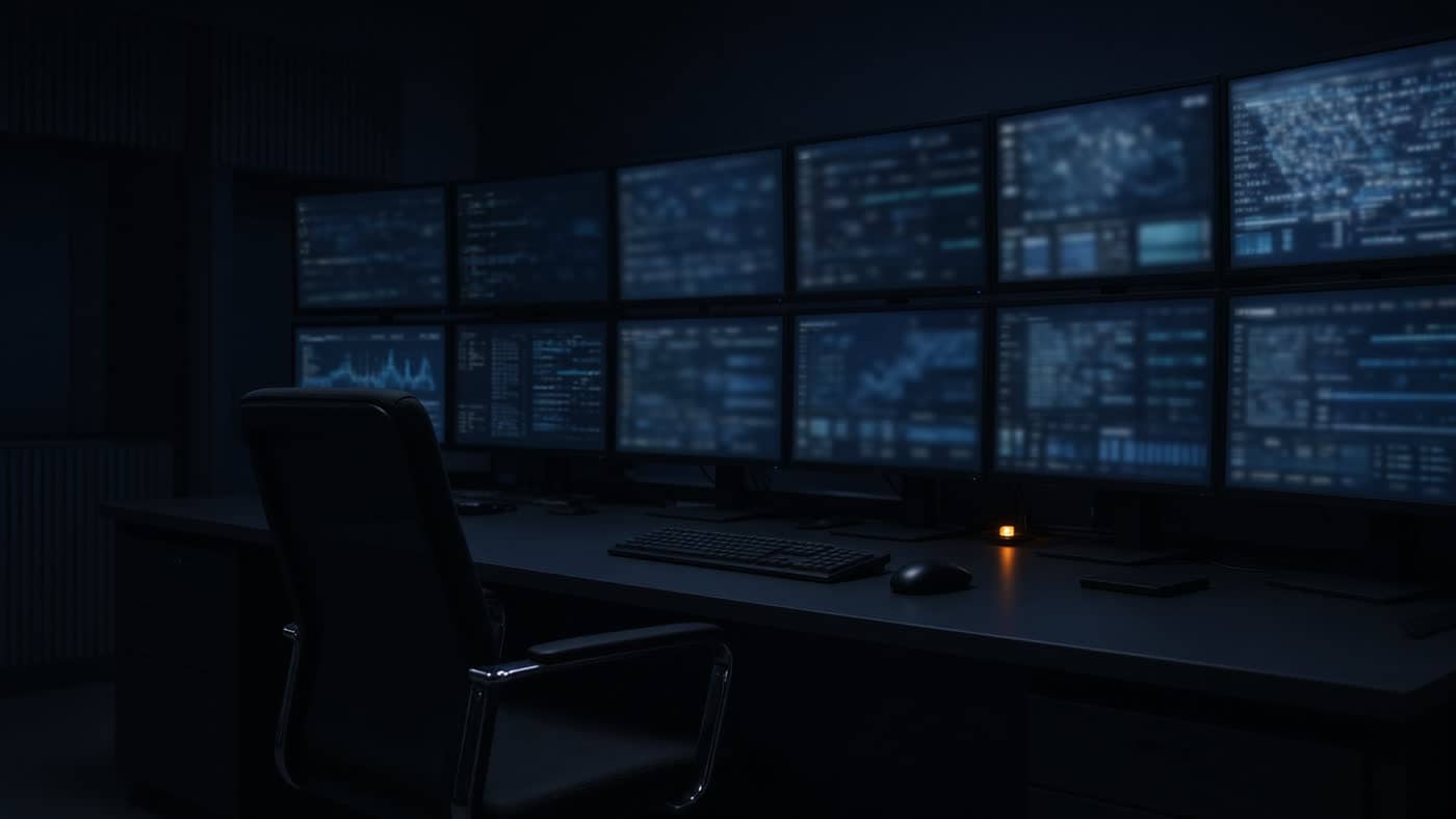 A night surveillance desk with a bank of small monitors.