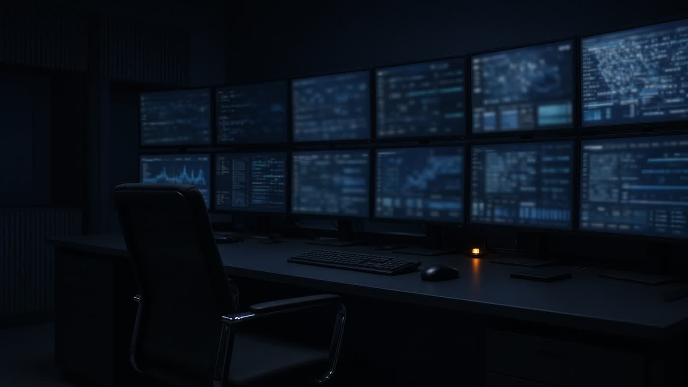 A night surveillance desk with a bank of small monitors.