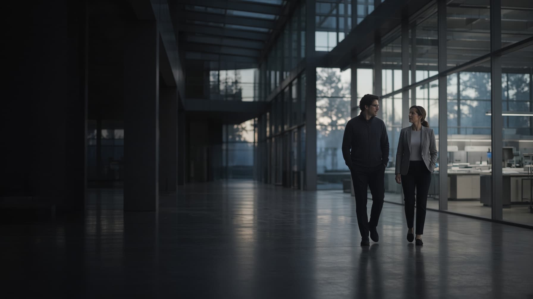 Dawn light in a glass research campus atrium, two people walking toward labs in conversation.