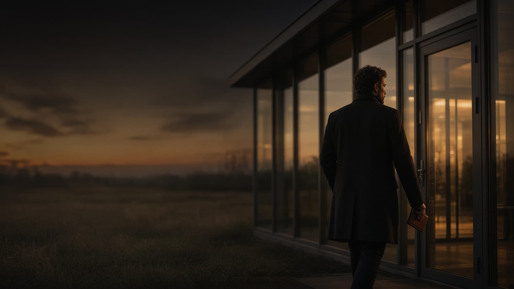 A traveler at golden hour entering a glass building with a small card case in hand.