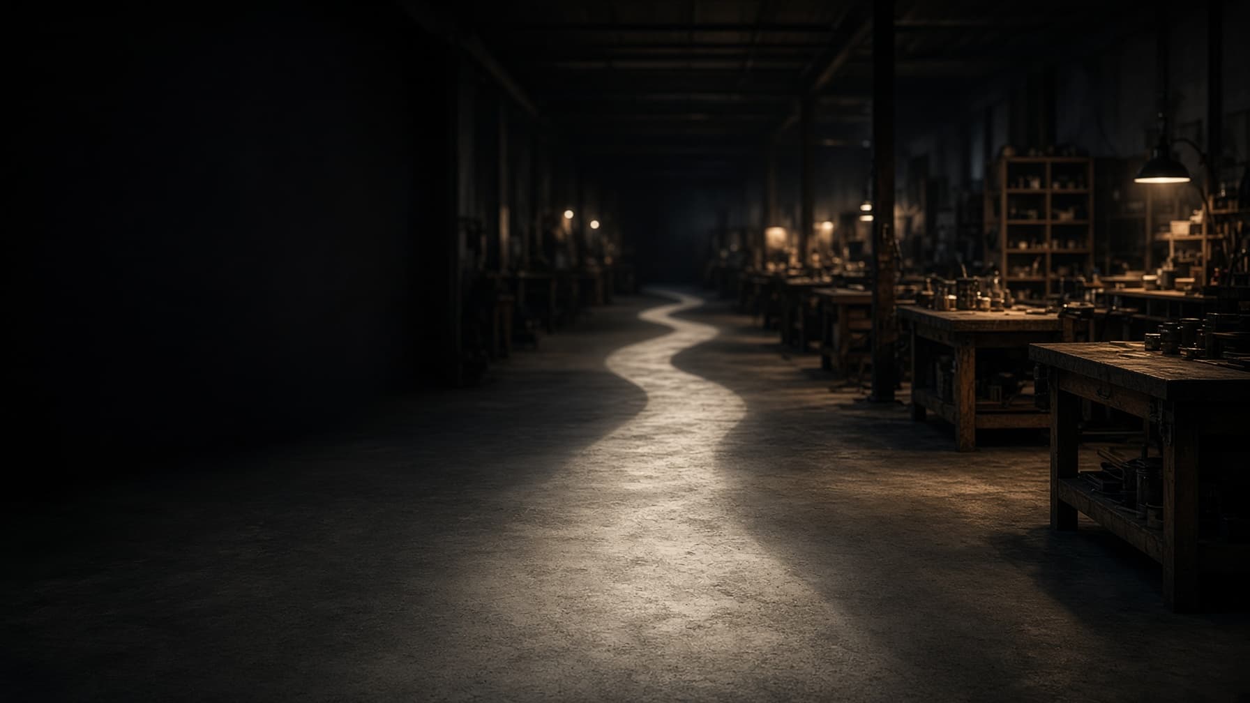 An atelier corridor with one path of light among branching floor traces, craft benches in the distance.
