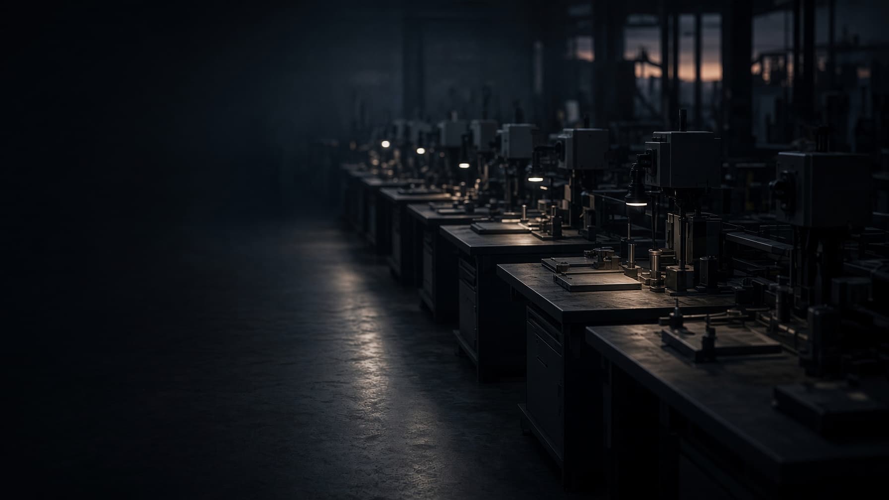 Precision calibration benches at dusk with a single path of light between stations.