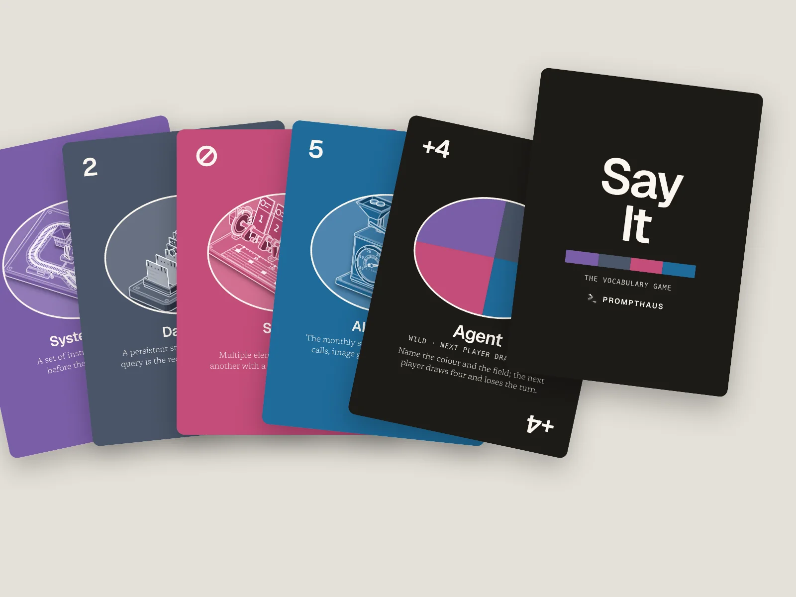Say It cards fanned out: numbers, an action card and a wild.