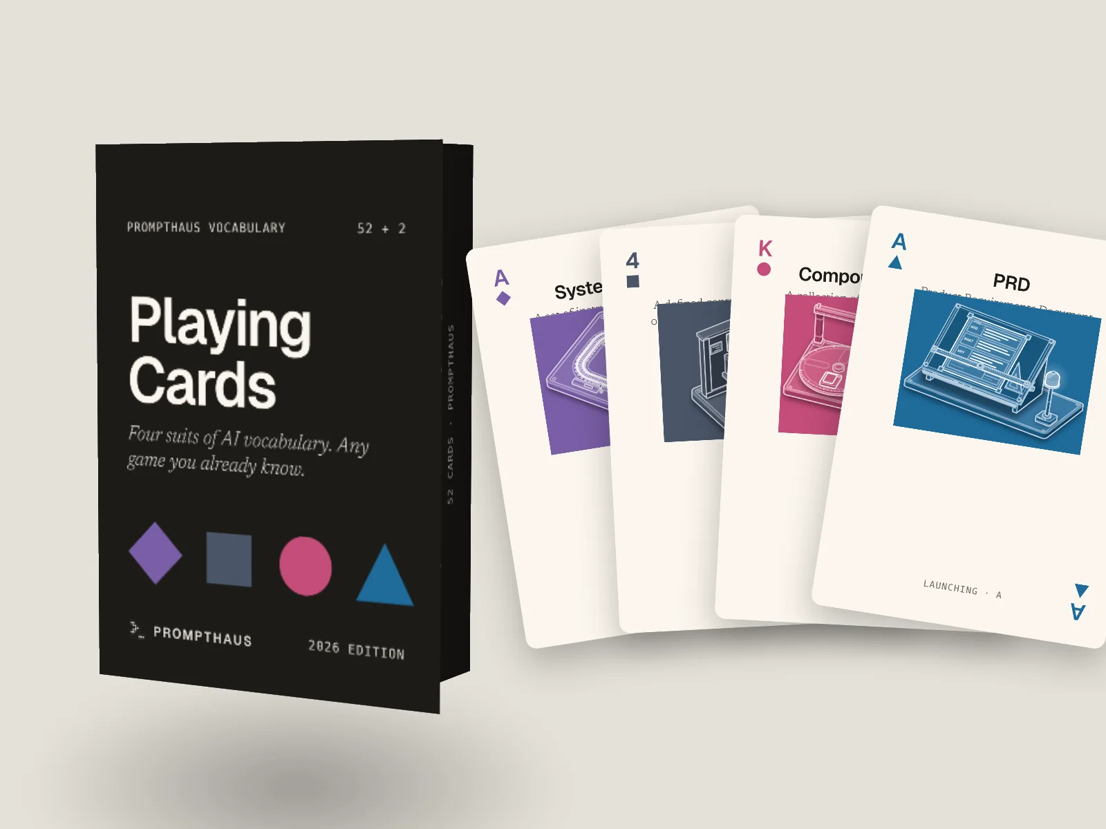 The PromptHaus Vocabulary Playing Cards: the black tuck box beside a fan of cards from the four suits.