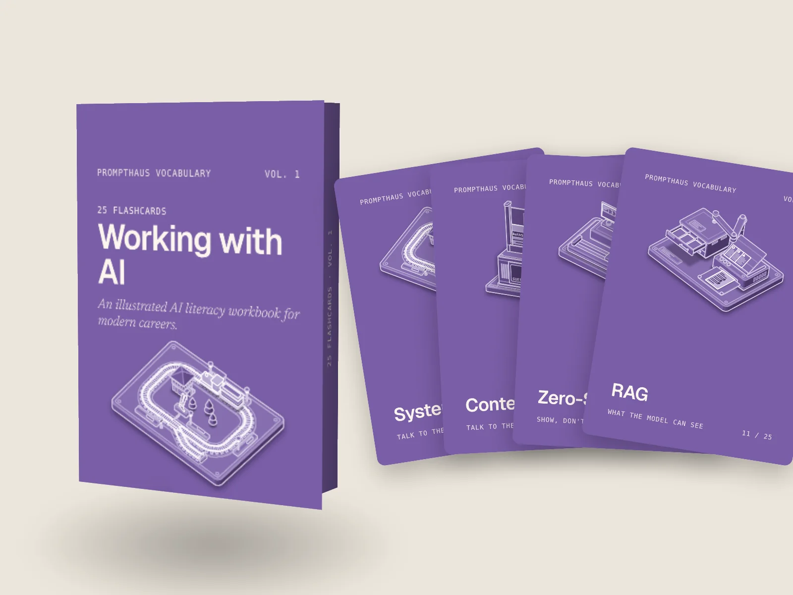 The Working with AI flashcards: the purple tuck box beside a fan of five cards.