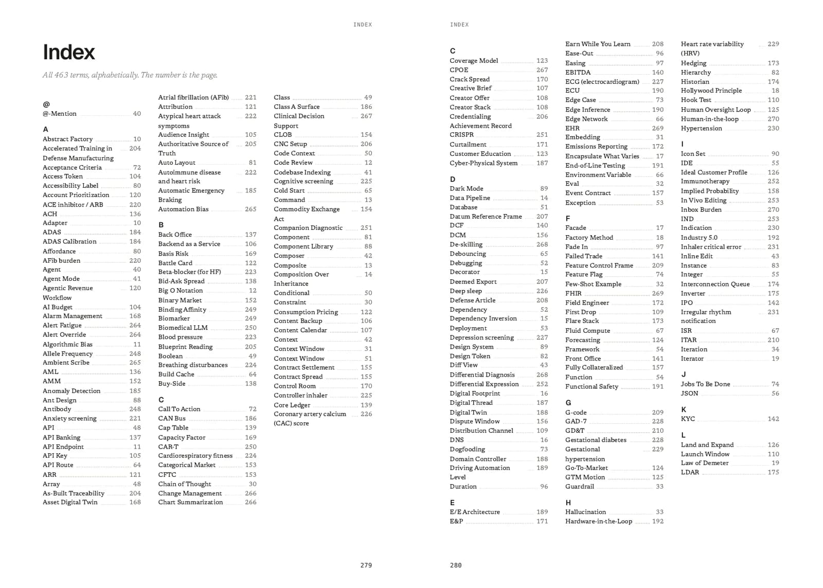 A spread of the Dictionary's index: all 463 terms with their page numbers in three columns a page.