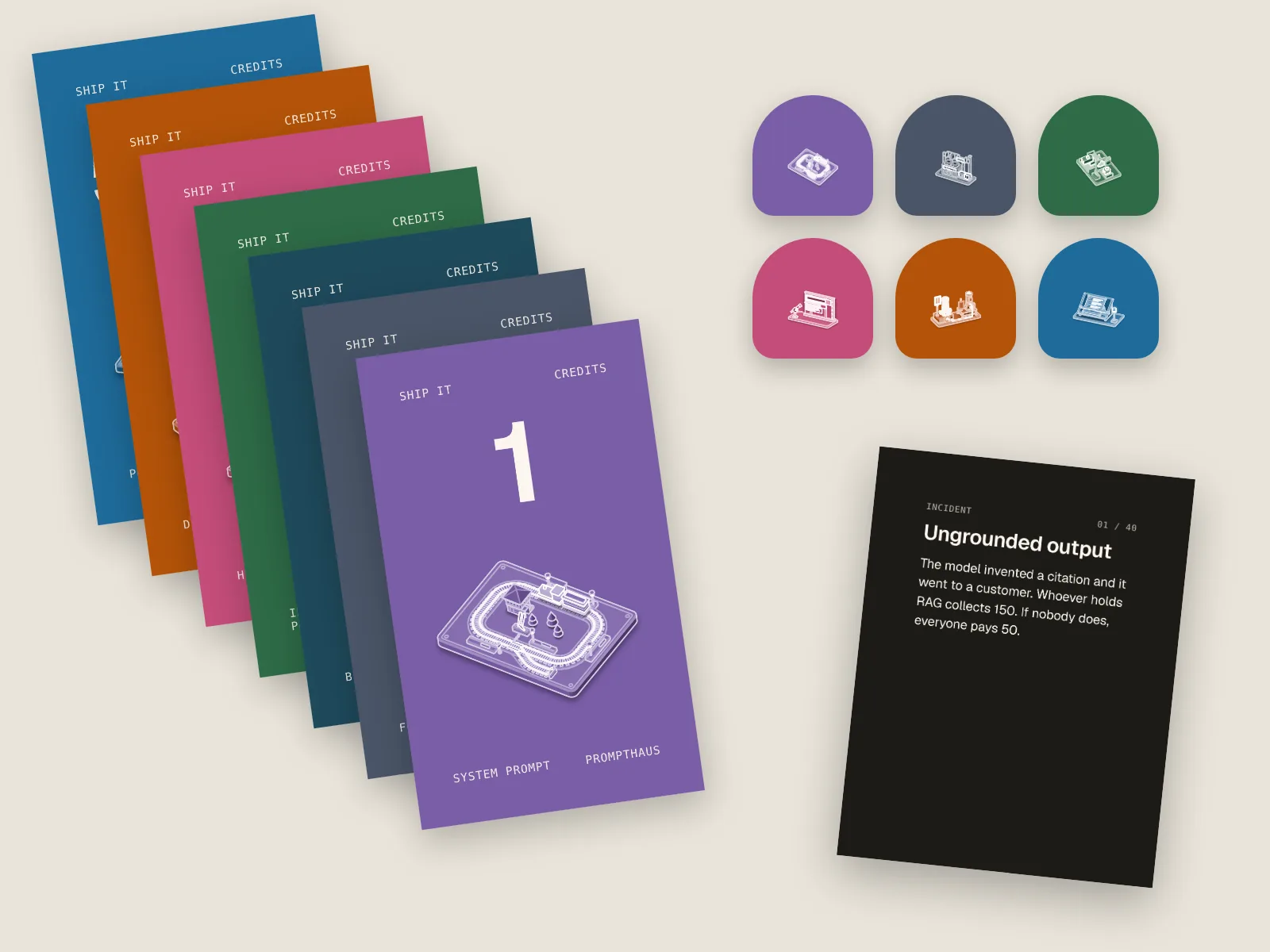 Ship It credits in seven colours, six machine tokens and an incident card.