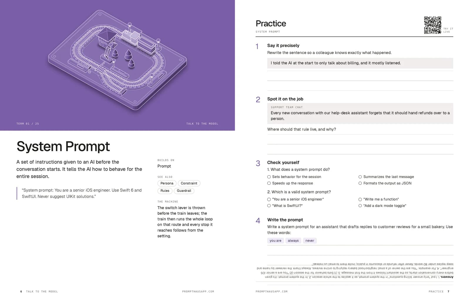 System Prompt term page with a model railway illustration, beside its practice page.