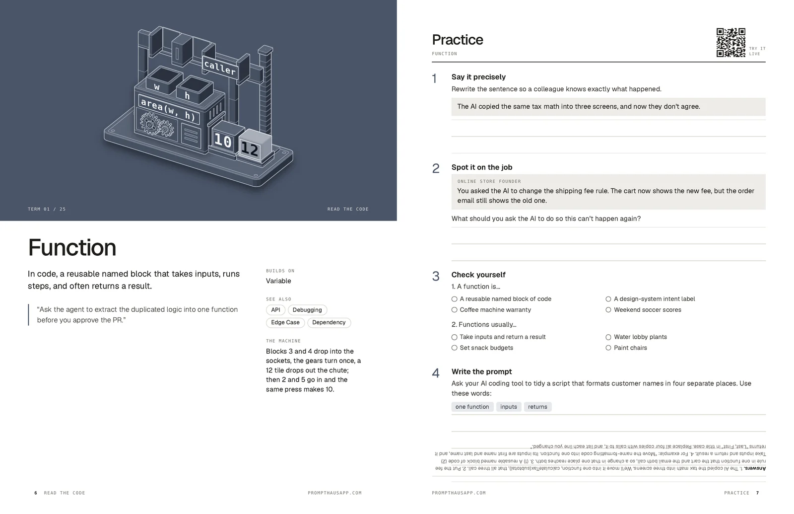 Function term page with a press illustration, beside its practice page.