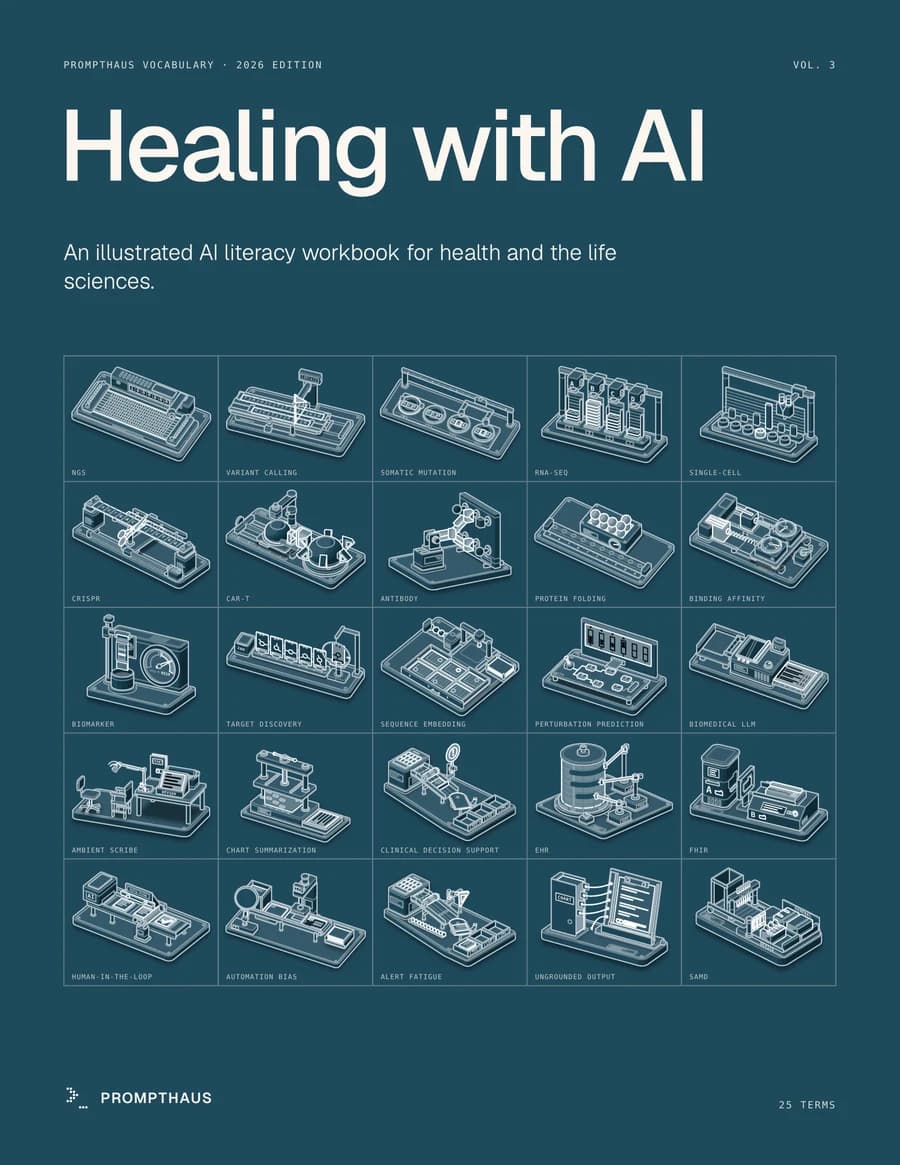 Cover of Healing with AI, PromptHaus Vocabulary Volume 3: a grid of 25 illustrated machines.