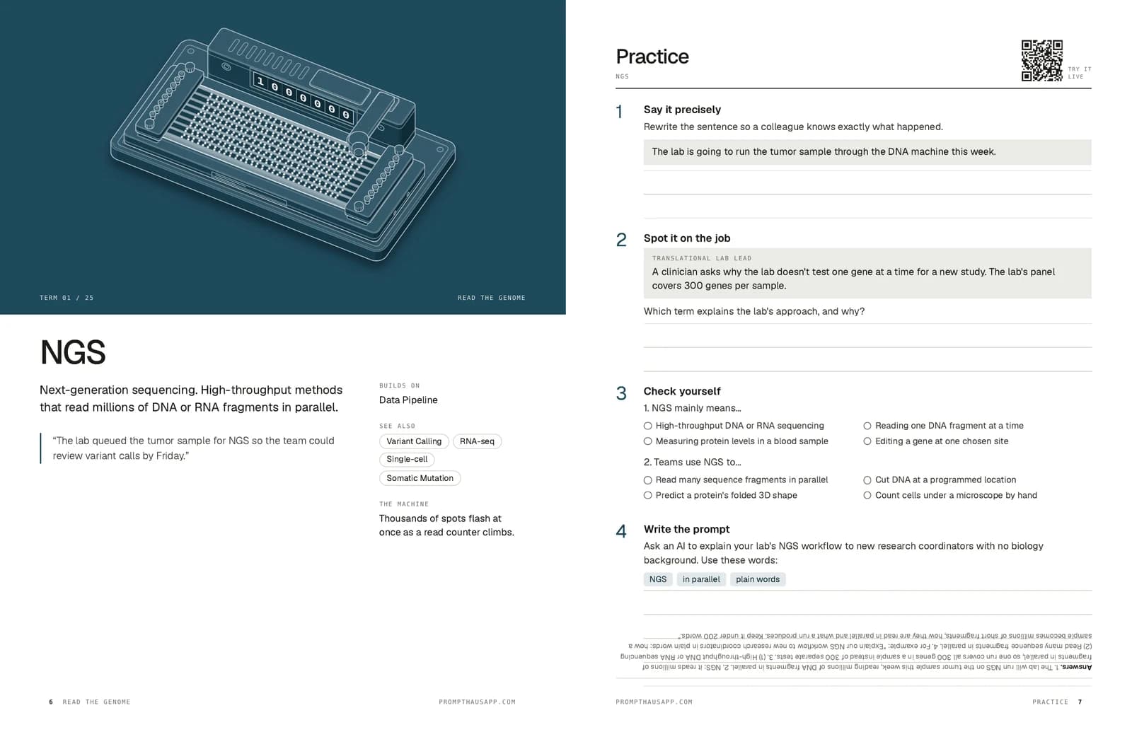 Healing with AI: a term page beside its practice page.