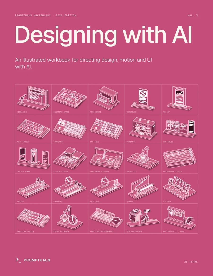 Cover of Designing with AI, PromptHaus Vocabulary Volume 5: a grid of 25 illustrated machines.